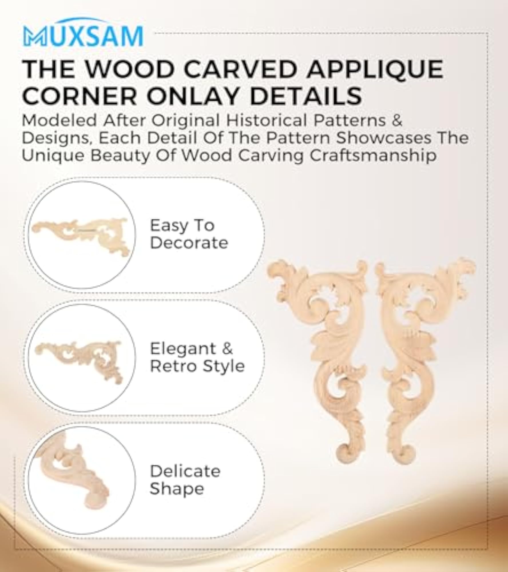 Unpainted Small Wooden Carvings Decals, 1 Pair