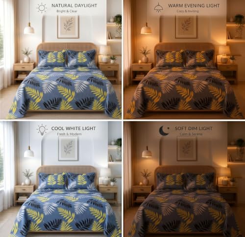 Image of HOMEKART Glace Cotton 160 TC Leaf Printed Double Bedsheet with 2 King Size Pillow Covers | Soft & Durable | 86 x 88Inches (Grey & Yellow)