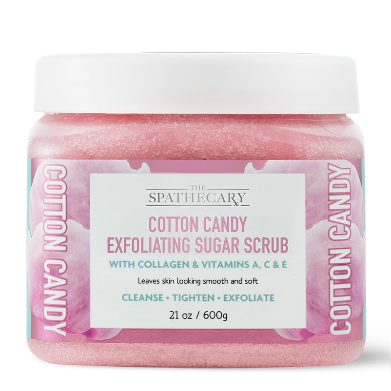 Image of Cotton Candy Sugar Scrub - Exfoliating & Hydrating Body Scrub With Collagen & Vitamin A,C, & E to Help Smooth, Soft & Nourish for Radiant Skin, Body Care Exfoliator & Cleanser, 21 oz
