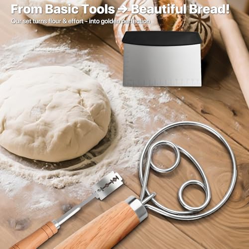 Danish Dough Whisk【Set of 3】Wooden Bread Whisk with Stainless Steel Hook, Dough Scraper & Lame Scoring Tool Blades - Sourdough, Pizza, Pastry Baking Supplies - Dutch Whisk & Dough Cutter Kit.