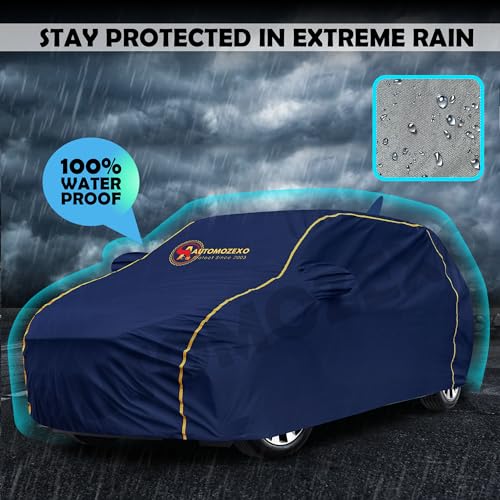 Image of Maruti Suzuki Dzire 100% Waterproof Car Cover (Midnight Blue) 6LYR HDPE 200gsm Strong Fabric for All Weather Protection, Mirror & Antenna Pocket, Cotton Layer, Adjustable Elastic Straps