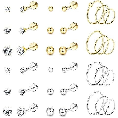 THUNARAZ Surgical Steel Tiny Stud Earrings for Women Hypoallergenic Flat Back Cartilage Earrings Cubic Zirconia Tiny Ball Earrings Hoops Conch Helix Cartilage Piercing Jewelry Gold Silver Tone Cover