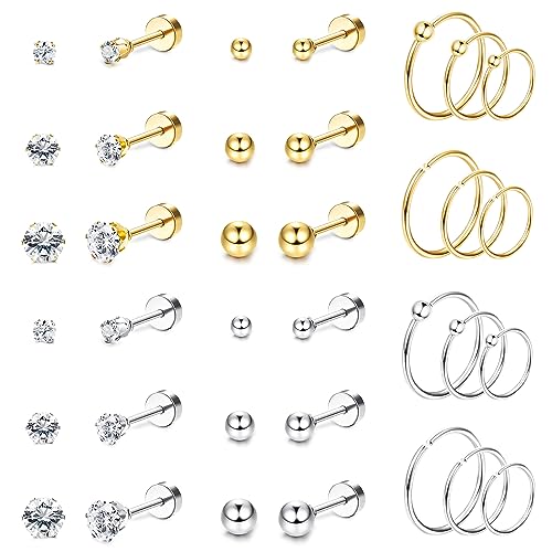 THUNARAZ Surgical Steel Tiny Stud Earrings for Women Hypoallergenic Flat Back Cartilage Earrings Cubic Zirconia Tiny Ball Earrings Hoops Conch Helix Cartilage Piercing Jewelry
