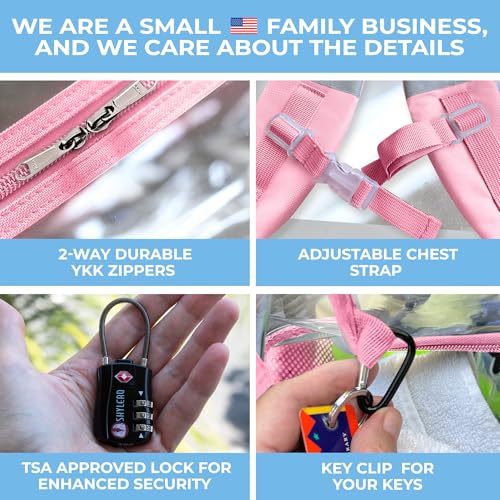 Image of SHYLERO Pink Clear Backpack Heavy Duty has TSA Lock, 2-WAY Zipper. PVC Transparent Backpack Is Extra Large - H18''xW14''xD8