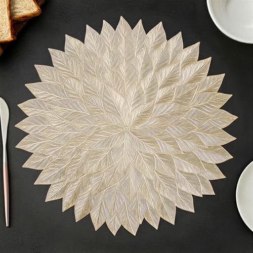 Image of Yellow Weaves 6 Pcs PVC Round Table Placemats, Dining Table Mat, Stain Resistant, Anti-Skid, Waterproof, Washable, Dining, Kitchen, Restaurant Table Set Easy to Clean, Durable (Star Golden)
