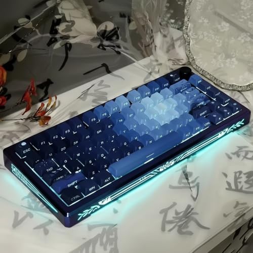 Image of PBT Moonlit Keycaps Custom Dark Blue Shine Through Keycaps Cherry Profile 128 Keys Side Print Key Caps Gradient Blue for Mechanical Keyboards 60% 65% 75% Backlit