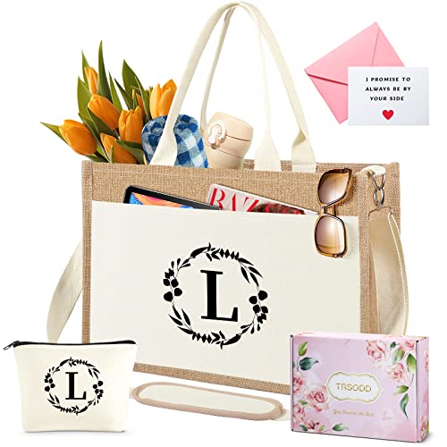 Birthday Gifts for Women Mothers Day Gifts for Mom Wife Grandma Daughter Sister Bridesmaid Initial Jute Tote Bag and Makeup Bag L