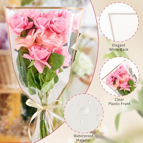 Mauproy 50 Pack White Flower Bags for Bouquets, 17.8 x 11.2 Inches Plastic Flower Sleeves Clear Front Floral Wraps with Ribbons for Graduation Florist Packaging Supplies by Mauproy - Image 3