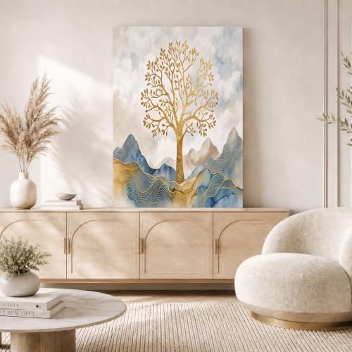 Tableau arbre de montagne bleu et or 60x80cm moderne pour salon