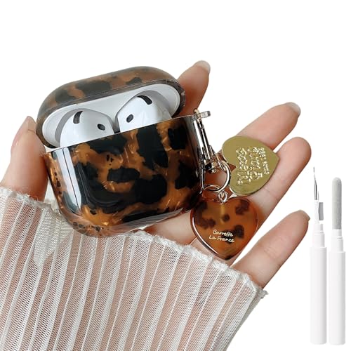 Image of MINSCOSE for Cool Glitter AirPods 4 Case,Amber Tortoise Leopard Shell Pattern Aesthetics Design with Trendy Heart Shaped Keychain,Soft TPU Protective Cover with Cleaner Kit for AirPods 4-Black