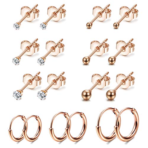Jstyle 9Pairs Stainless Steel Tiny Stud Earrings for Women Girls Endless Hoop Earrings CZ Ball Earrings Set Rose Gold Tone