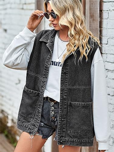 Image of PAODIKUAI Women's Oversized Denim Vest - Sleeveless Distressed Jean Vest with Pockets for Casual Layering