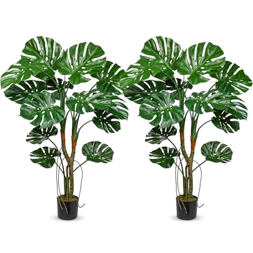Paquete de 2 plantas artificiales grandes de Monstera en maceta, palmera falsa de 4 pies, árbol de hojas divididas tropicales con protección UV, planta Monstera sintética para interiores y exteriores,