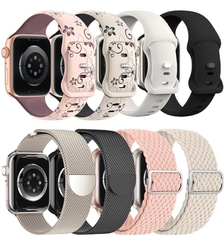 Image of 8 Pack Compatible with Apple Watch Band 42mm 40mm 41mm 38mm for Women Men,Engraved Flower Silicone+Sport +Milanese Loop+Braided Nylon Bands for iWatch Series 11 /10 /9 /8 /7 /6 /SE /5 /4 /3