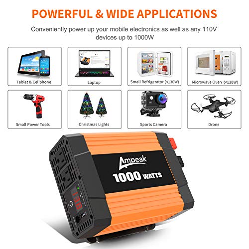 Ampeak 1000W Power Inverter 12V DC to 110V AC with 2 AC Outlets and USB Port Remote Control Car Converter