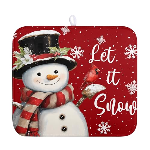 Wnoesat Snowman Christmas Dish Drying Mat Winter Drying Mats for Kitchen Counter Xmas Holiday Red Dish Draining Mat Microfiber Absorbent Reusable Dish Rack Pad 16x18 Inch