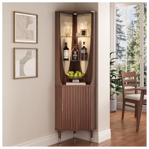 Image of JOINICE Tall Corner Bar Cabinet for Liquor,Mid-Century Modern,Walnut,70 inch | Fluted Door,Glass Shelves,Wine Cabinet with Led for Living Room, Kitchen,Dining Room,Easy Assembly,for Small Apartment