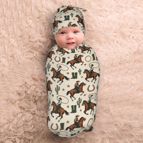 Image of Lcokin Western Cowboy Baby Stuff Swaddle Blanket with Hat, Newborn Receiving Blanket