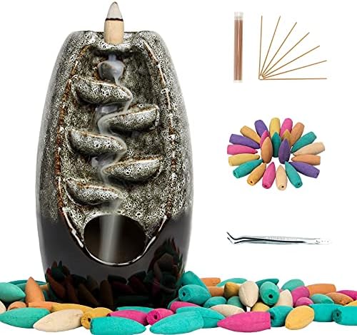 Famiry Ceramic Backflow Waterfall Incense Burner, Incense Waterfall Burner, with 120 Backflow Incense Cones, 30 Incense Sticks, 1 Mat, Aromatherapy Ornament Home Decor
