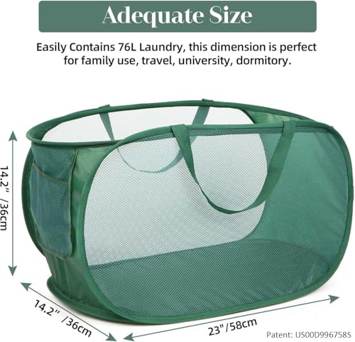 Image of Sturdy Mesh Pop Up Laundry Hamper, Collapsible Laundry Baskets with Side Pocket, Foldable Clothes Hamper with Reinforced Carry Handles for Laundry, Bathroom, Kids Room, Dorm or Travel Emerald