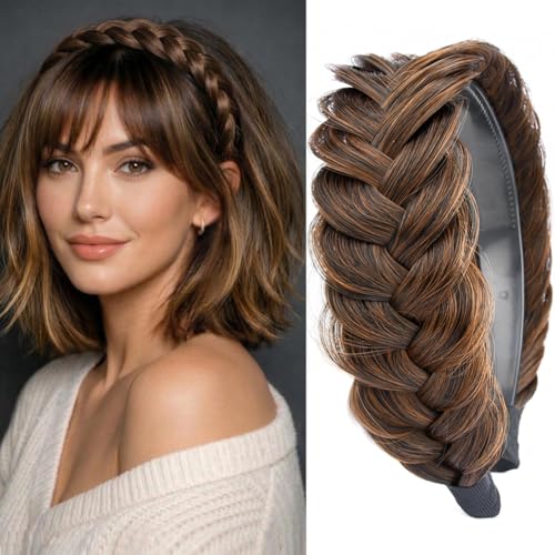 Wide Messy Braided Headband With Teeth Synthetic Hair Plaited Headband High Elasticity Braids Chunky Fishtail Braided Hair Band Hairpiece for Girls Women Beauty Accessory (Auburn)