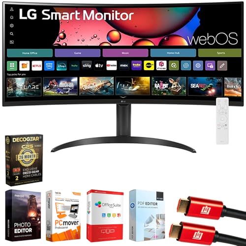 Image of LG 34SR65QC-B 34 Inch Smart Monitor WQHD 1440P Curved Screen with Adjustable Stand Bundle with Elite Suite 18, 2X HDMI Cable and Deco Gear CPS Exclusive 26 Month Protection Pack (BEACH-CPS-26M500)