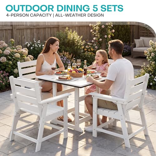 Image of HDPE Dining Chair Set of 2, All-Weather Patio Dining Chair with Armrests, Wood Grain Texture, Heavy Duty Outdoor Furniture for Backyard, Garden.White