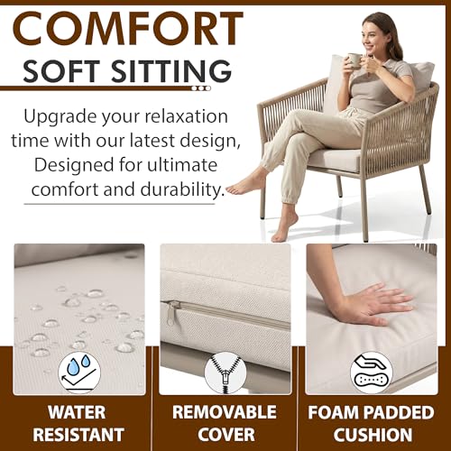 Image of OUTLIVING Braid & Rope Garden Patio Seating Chair and Table Set Outdoor Balcony Garden Coffee Table Set Furniture with 1 Table and 2 Chairs Set with Cushion (Beige and White), 61 cm, 81.3 cm