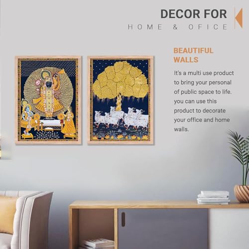 Image of kotart Premium Traditional Wall Art Set of 2 | Kamdhenu Cow Painting | MDF Wooden Framed Pooja Room & Living Room Wall Decor (Art 2, 14x20 Inch)