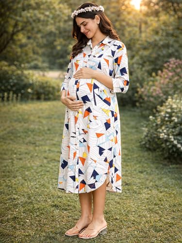 Image of MomToBe Women's Fit and Flare long Rayon Maternity Dress /Pregnancy Dress /Easy Breastfeeding Dress /Western Dress with Zippers for Nursing Pre and Post Pregnancy