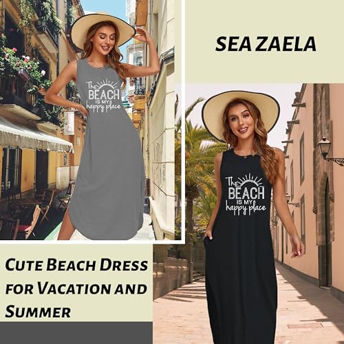 Women's Casual Beach Summer Dresses Sleeveless Graphic Long Sundress Cover Up Dresses with Pocket3