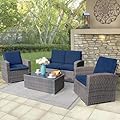 JOIVI 4 Piece Outdoor Patio Furniture Set, All-Weather Wicker Patio Conversation Set, PE Rattan Loveseat Sofa Chair Set with Tempered Glass Coffee Table