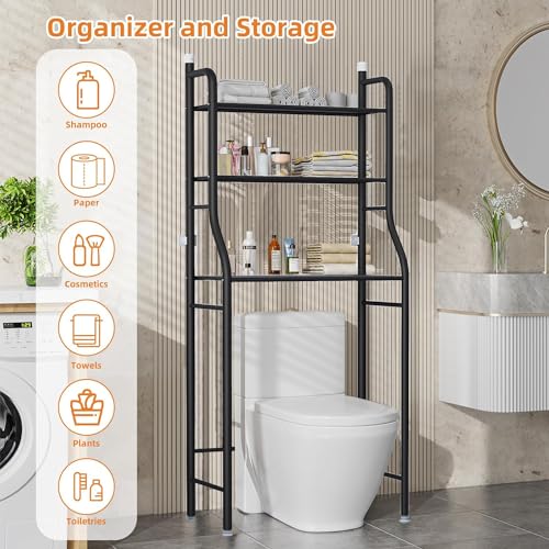 رف تخزين المرحاض من 0TO1، رف تخزين للحمام من 3 طبقات، رف منظم للحمام فوق المرحاض، سهل التجميع، منظم مرحاض بدون ثقب، رف موفر للمساحة للحمام، اسود