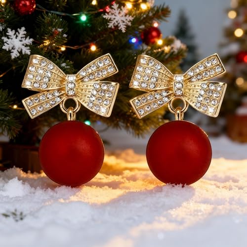 image for HUASAI Christmas Bow Earrings for Women Trendy Rhinestone Bow Pearl Da