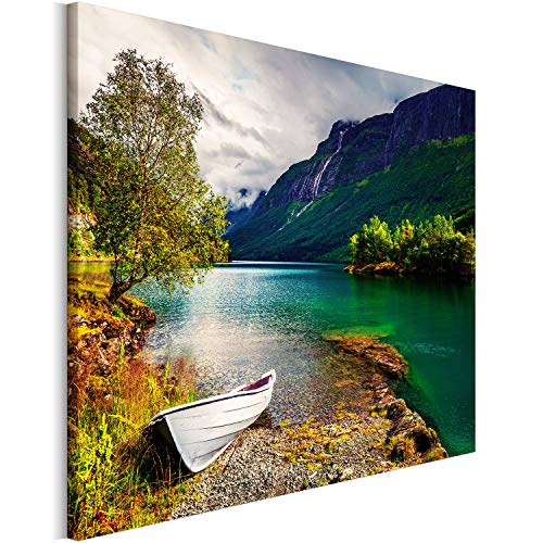 Revolio 40x30 cm Impression sur Toile Murale Tableau Art Peinture Image Motif Moderne Décoration pour le Salon Intérieur Photo - montagnes Lac bateau vert Jaune