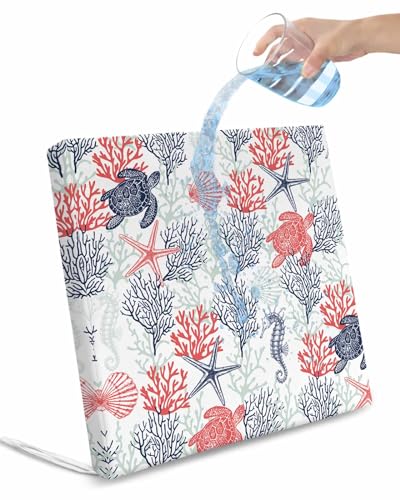 Red Navy Sea Turtle 4 Pack Waterproof Cushion Covers with Ties, Outdoor Patio Chair Seat Cushion Slip Covers Replacement Coastal Ocean Coral Shell Seahorse 20''x18''x4'',