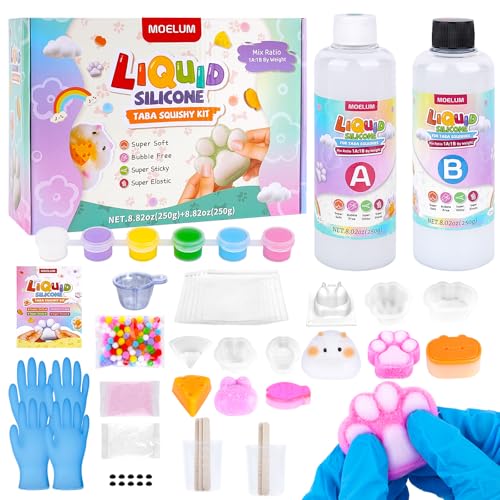 MOELUM DIY Taba Squishy Kit with 6 Molds - 18OZ Bubble Free Liquid Silicone Fast 2-3H Cure with Easy Guide Ultimate Craft Gift for Beginners