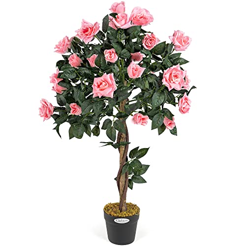Christow Artificial Rose Tree Pink Flowers Twisted Wooden Trunk Potted Indoor Outdoor 3ft
