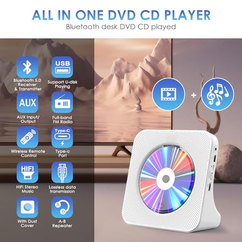 Gueray DVD Player HDMI CD Player Bluetooth mit Lautsprecher Unterstützt Fernbedienung Anzeige FM Radio mit CD Player USB- Kartenwiedergabe 3,5 mm AUX Wecker Kopfhöreranschluss Staubschutzhülle Weiß – Bild 3