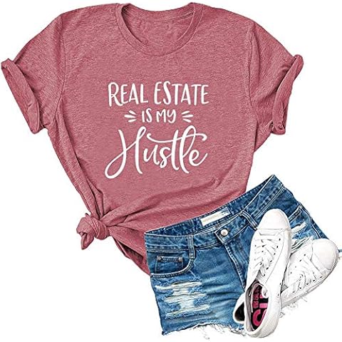 Dauocie Womens Real Estate is My Hustle Letter Print Short Sleeve T Shirt Casual Novelty House Graphic Tees Tops Pink Cover