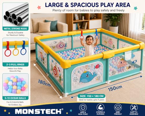 Image of MONSTECH Large Baby Playpen 150x180cm Pit Balls Playpen for Baby up to 5 Years with Anti-Fall Rings, Safety Lock, Breathable Mesh, Kids Activity Center Play Pen (Large-Green)