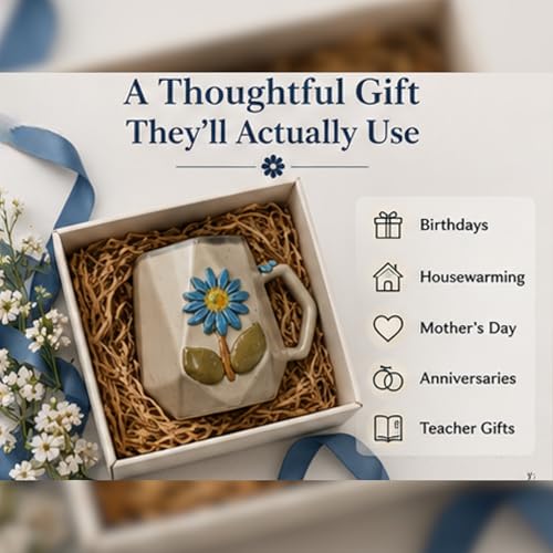 Image of Handmade Ceramic Coffee Mug with 3D Blue Daisy Flower, Handpainted Pottery Tea Cup, Microwave Safe, Dishwasher Safe, BPA Free, 240ml Floral Mug for Coffee Tea & Beverages