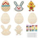 Scinzene 31 tlg Ostern Bastelset Kinder Holz, Kreuzstich Set zum Sticken für Kinder, Ostereier Hase Küken Anhänger, Ostern Deko, DIY Osterbasteln mit Kindern, Stickset Kinder Anfänger Frühlingsdeko