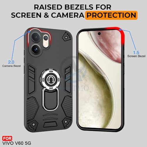 Image of AESTMO Vivo V60 / V60E / T4 Pro 5G Back Case Cover | Tough Armor Bumper | Ring Holder & Kickstand in-Built | 360 Degree Protection Cover for Vivo V60 / V60E / T4 Pro 5G (Black)
