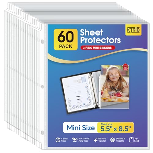 KTRIO Sheet Protectors 5.5 x 8.5 for Mini Binder 60 Pack Heavyweight