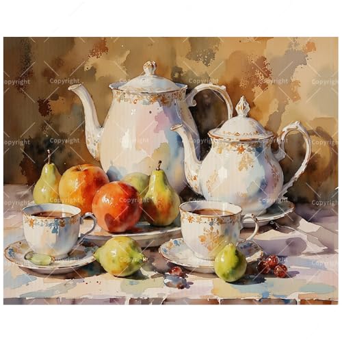 Vintage Still Life Paint by Numbers Kit for Adults - DIY Classic Floral Teapot, Teacups Painting on Canvas 16x20 Inches, Acrylic Paint Set for Beginners, Classic Art for Home Decoration or Gifts
