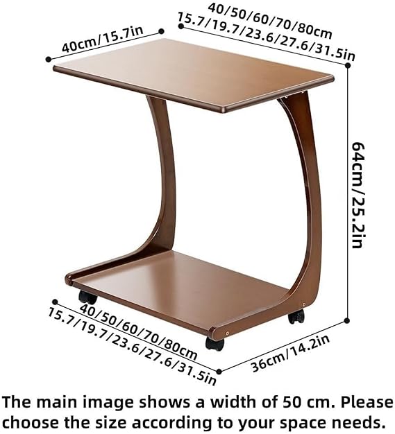 C Shaped End Table - Wooden Sofa Side Table with Rolling Casters and Double Shelves for Living Room, Practical Small TV Dinner Table