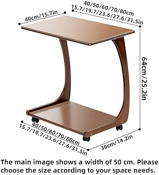 C Shaped End Table - Wooden Sofa Side Table with Rolling Casters and Double Shelves for Living Room, Practical Small TV Dinner Table