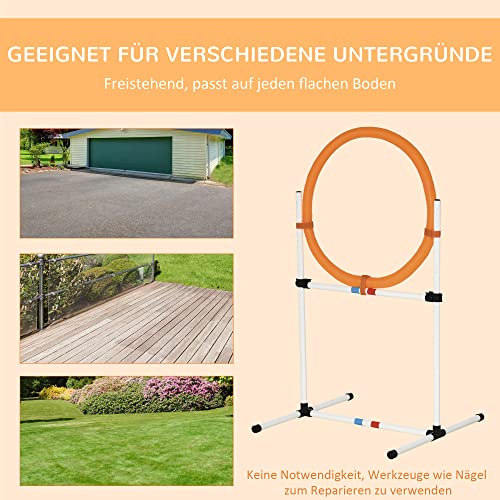 PawHut Agility Sprungring für Hunde, Agility Set Hunde, Agility Ring 2 in 1 Sprungringstange mit Tragetasche Kunststoff 74,5 x 66 x 91 cm Weiß+Orange