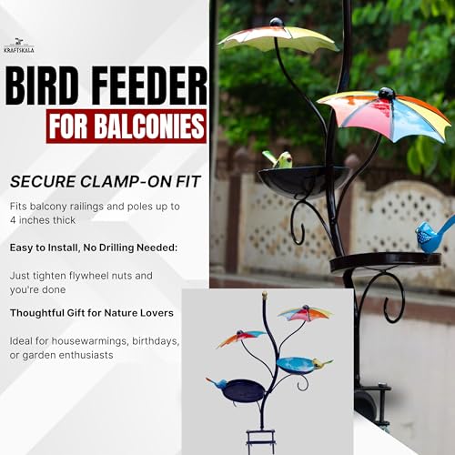Image of Kraftskala Balcony Bird Feeder with Water Bowl & Umbrella Shade - Clamp-On Mount Bird Feeding Station for Railing - Outdoor Bird Bath & Feeder for Sparrows, Small Birds, Garden Decor